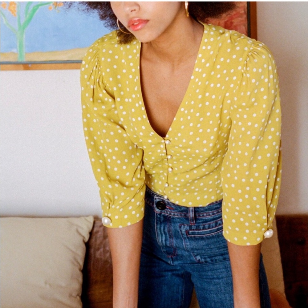 Rouje Paris Dalida yellow polka dot blouse